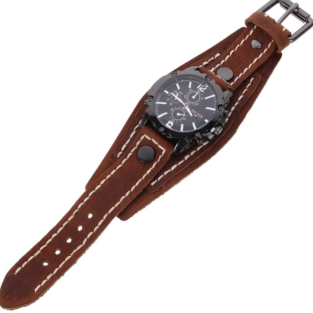 Men Wristwatch‎ Brown Leather Cuff Watch Analog Quartz Watch for Men Retro